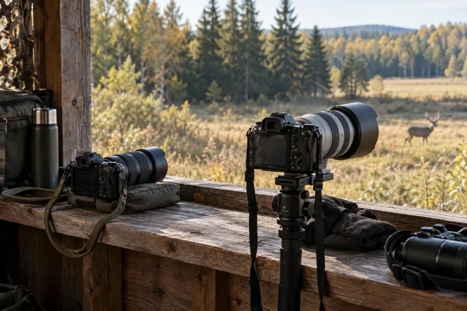 AI-generated comparison of two complete wildlife camera kits with different telephoto sizes at a woodland viewing blind