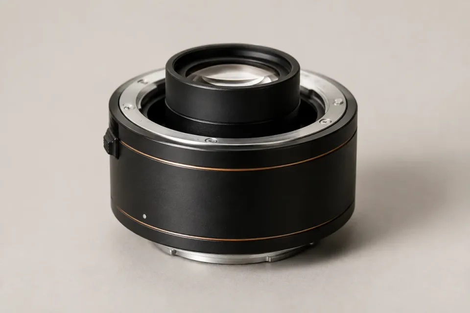 Editorial illustration of a compact black 2x mirrorless teleconverter