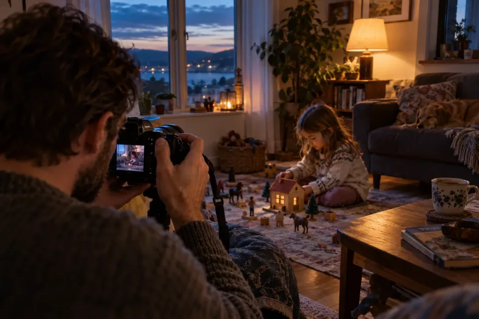 A photographer photographing a child in a warmly lit living room at dusk.