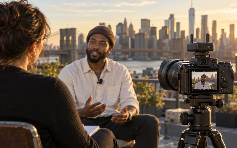 AI-generated conceptual rooftop interview with generic wireless audio equipment; not an actual Sony ECM-W5 photograph