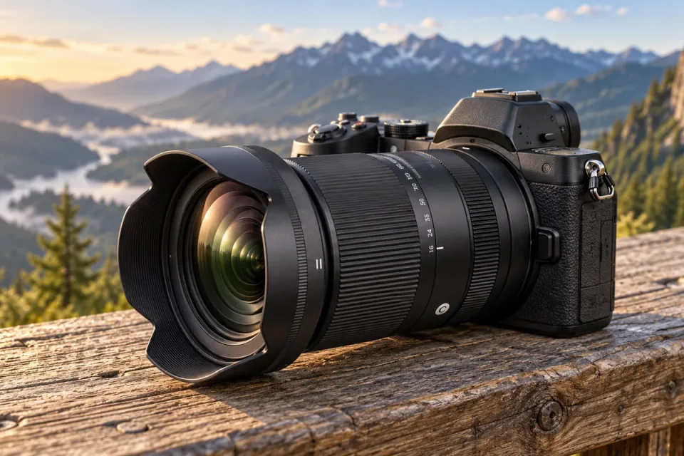 AI-generated hyperrealistic illustration of a mirrorless camera and travel superzoom at a mountain overlook; not a lens sample photo