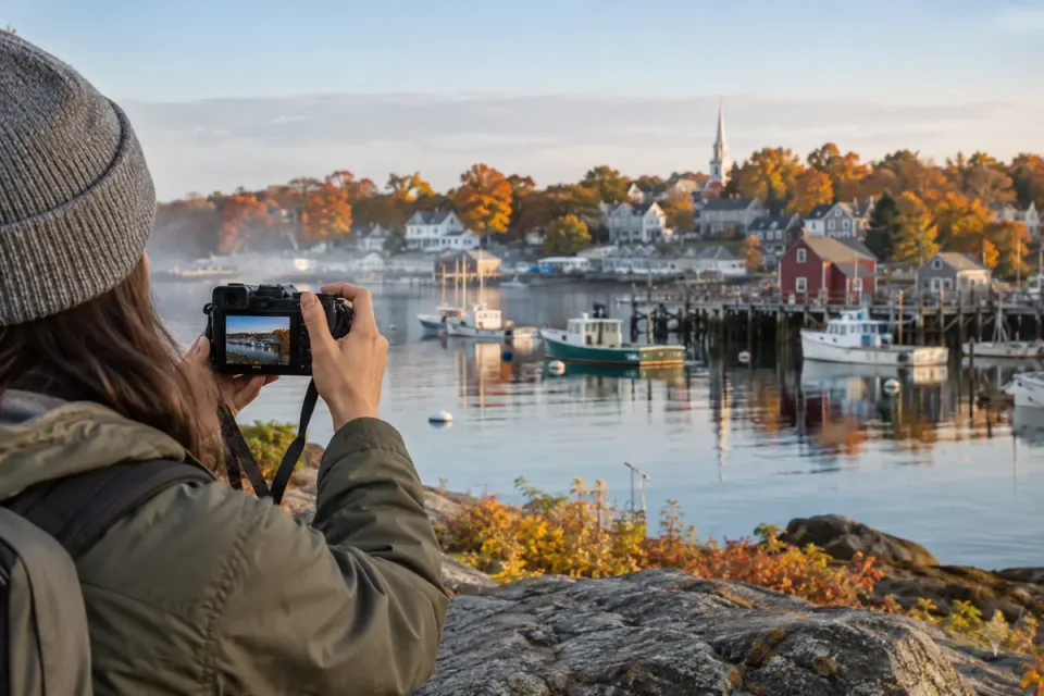 AI-generated conceptual scene of a traveler photographing a New England harbor with a compact camera; not an actual Tamron lens photograph