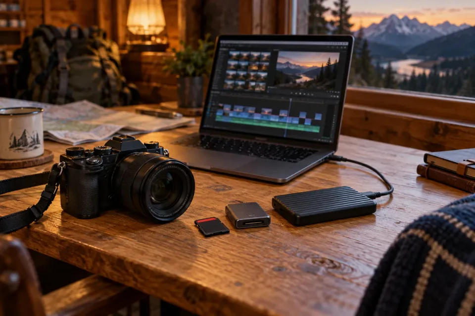 A camera, memory card and portable SSD beside a laptop in a mountain cabin.