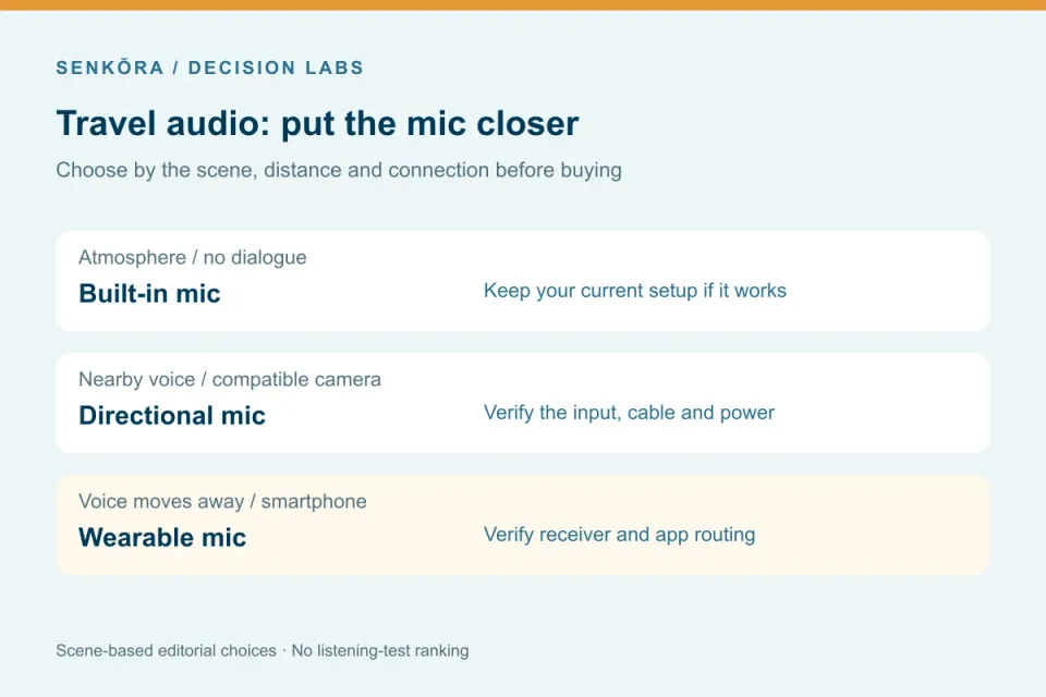 Decision diagram connecting ambience to a built-in mic, nearby dialogue to a directional mic, and moving dialogue to a wearable mic
