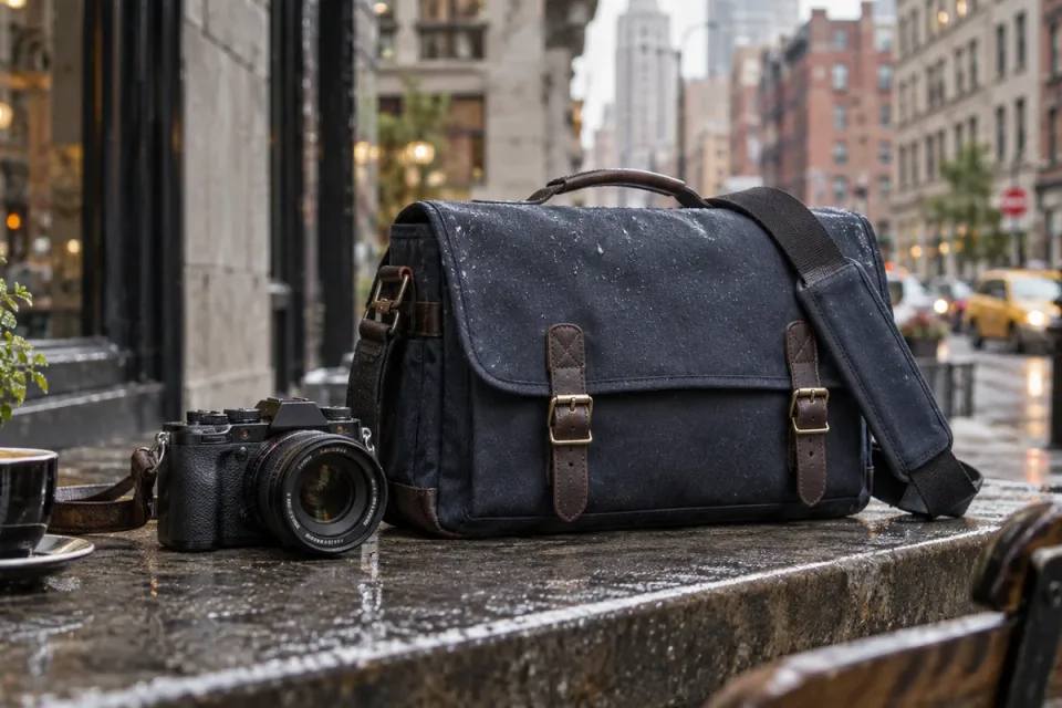 AI-generated conceptual photograph-style illustration of a camera shoulder bag on a rain-damp city ledge
