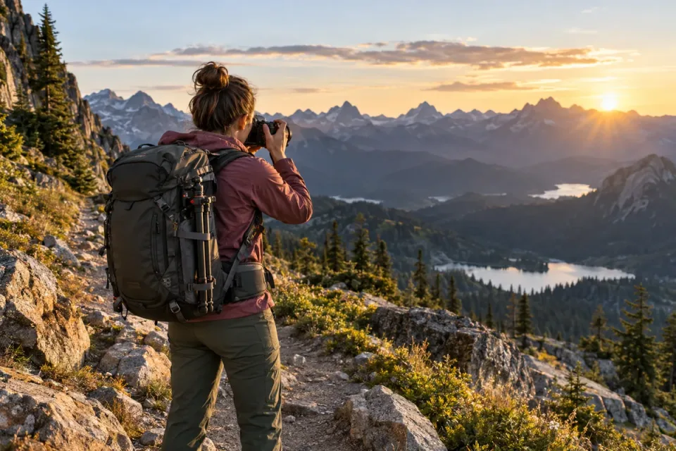 AI-generated scene of a photographer hiking with a supported camera backpack and attached tripod in alpine terrain