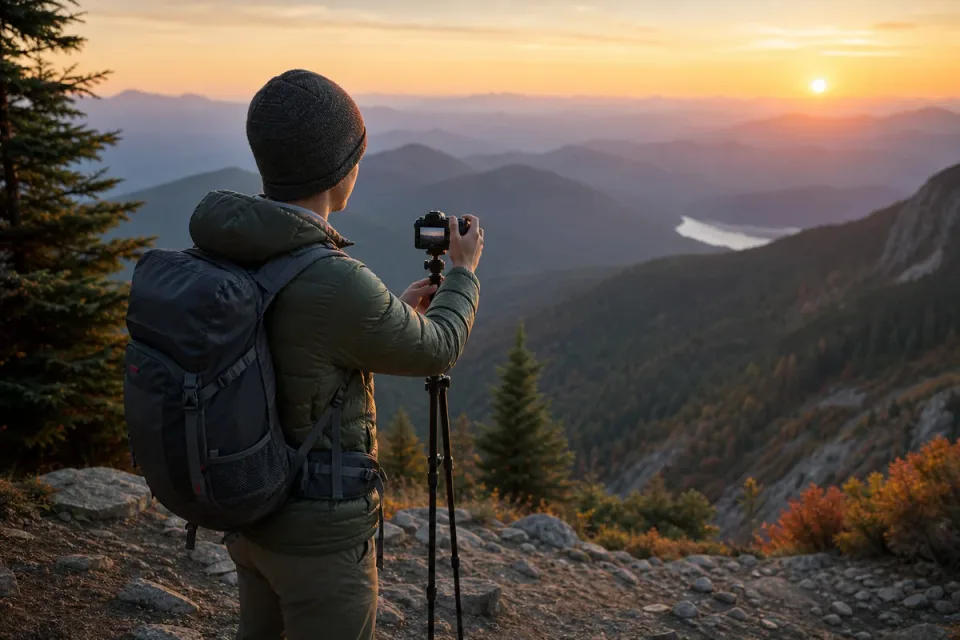 Hiker filming a landscape from a marked mountain overlook