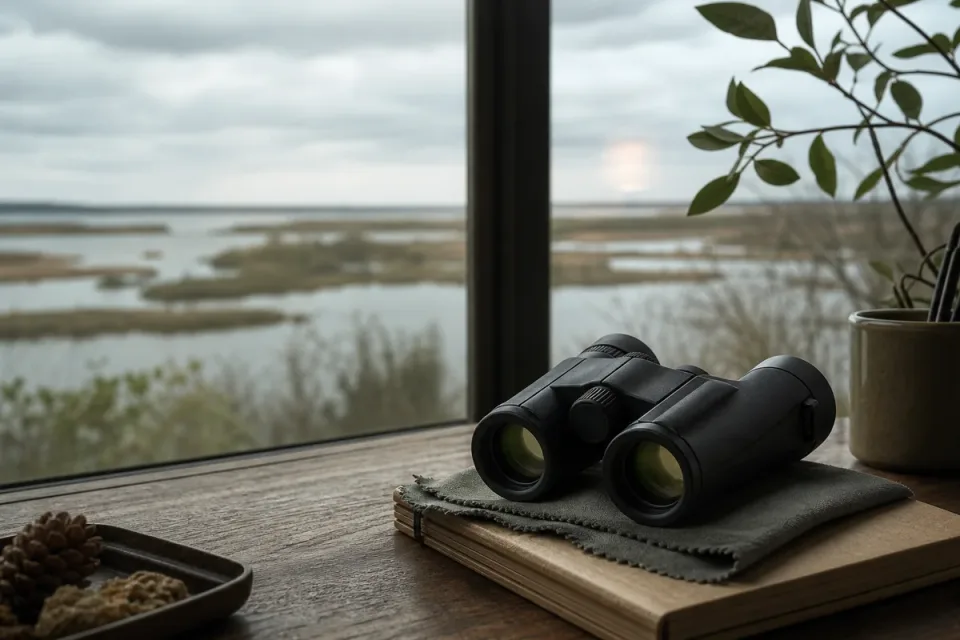 Generic binoculars on an observation desk overlooking distant wetlands