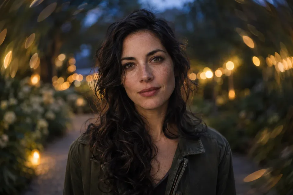 AI-generated conceptual portrait at blue hour with warm swirling background lights, not a sample made with the Métamorphose lens