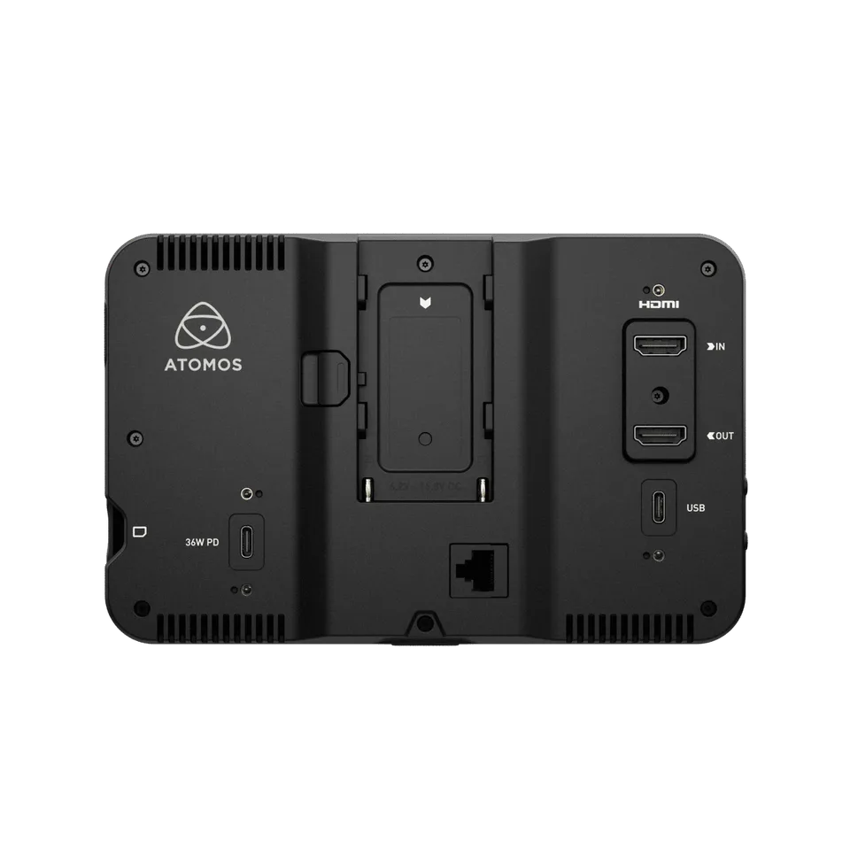 Official Atomos rear view of the Shinobi 7 II showing the battery plate and connections
