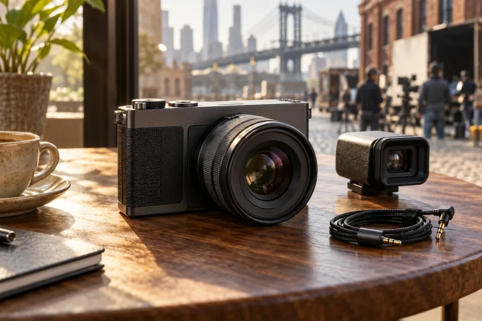 AI-generated conceptual scene of an unbranded compact camera, separate viewfinder and audio cable on a sunlit cafe table; not the Sigma FP2