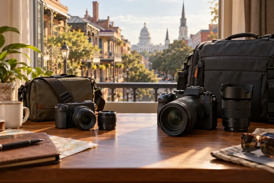 AI-generated comparison of compact and larger complete travel camera kits on a hotel desk overlooking a city