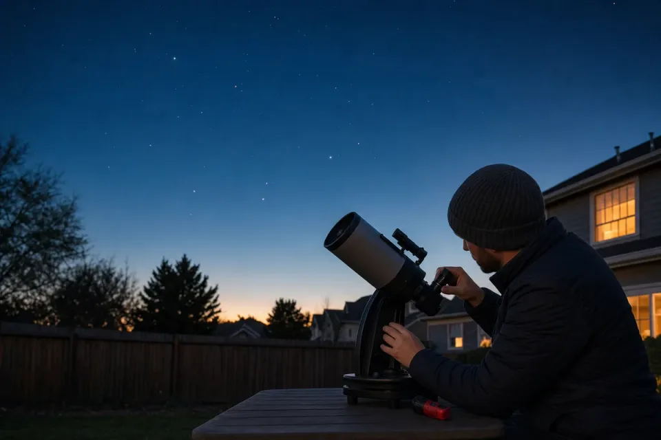Beginner adjusting a tabletop telescope in a backyard at blue hour