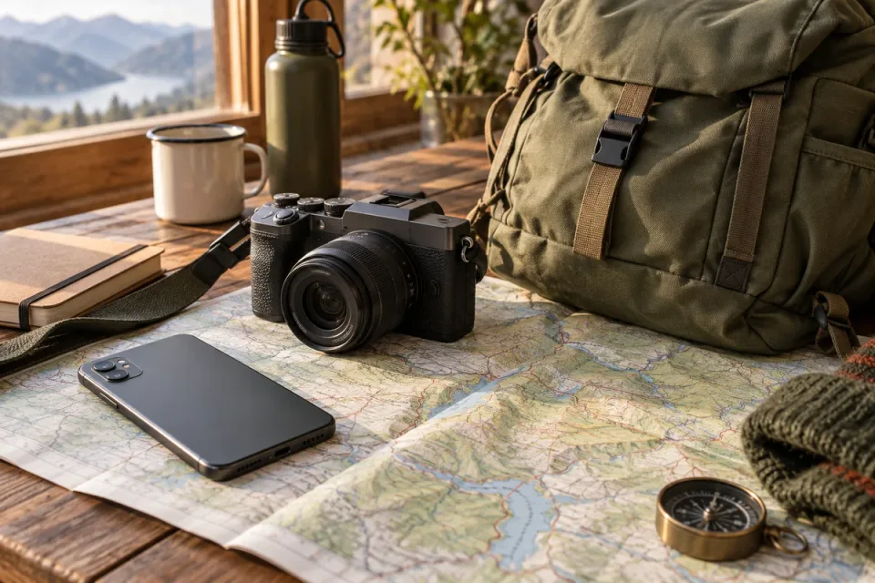 AI-generated illustration of a generic phone and mirrorless camera on a hiking map beside a daypack.