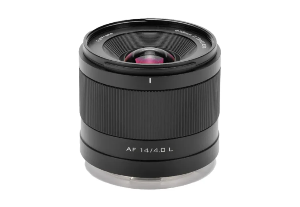 Official Viltrox photograph of the AF 14mm F4 Air lens with L-Mount barrel marking