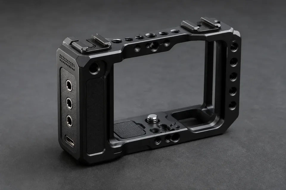 Generic modular media cage showing three audio connections and a video output port