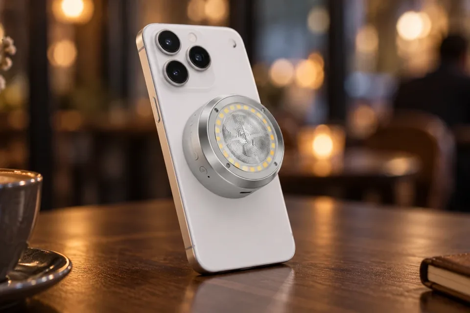 AI-generated hyperrealistic editorial illustration of a round smartphone flash attached to a phone on a cafe table; not a test photograph