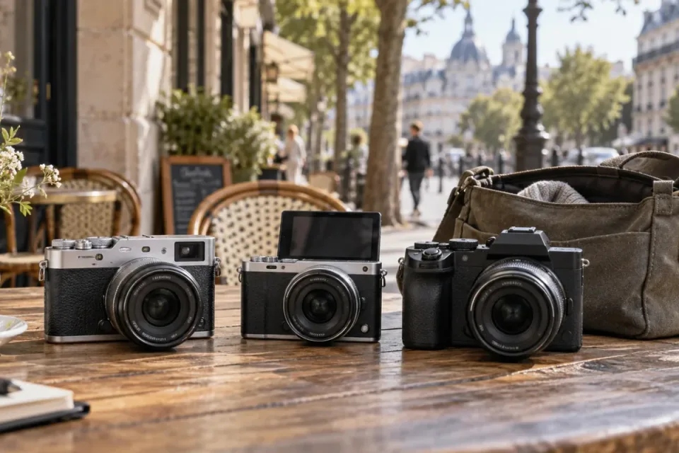 Three generic compact cameras with small zoom lenses on a sunlit cafe table beside a lightweight camera bag