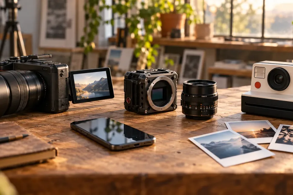 AI-generated editorial illustration of three generic camera workflows on a studio table; not exact products or test equipment.
