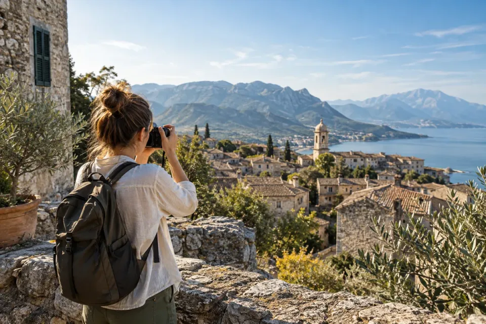 AI-generated conceptual travel scene with a photographer and a compact mirrorless camera