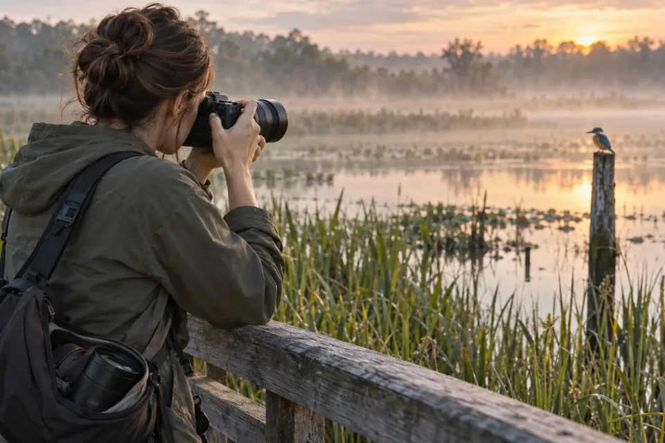 AI-generated scene of a bird photographer handholding a manageable telephoto kit at a marsh boardwalk