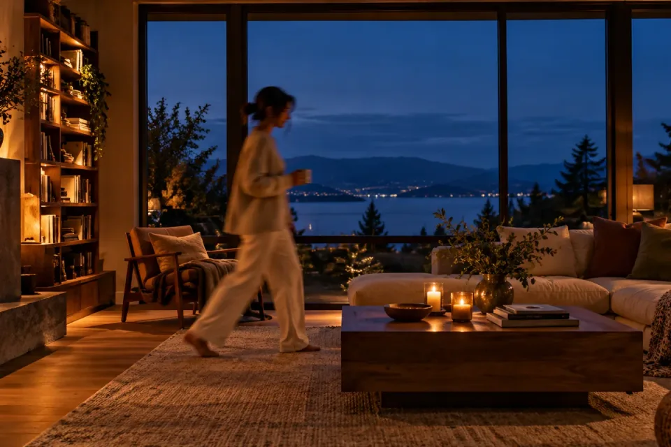 AI-generated editorial scene of a person moving across a warmly lit living room at dusk, with motion blur on the person and crisp window frames. Not a camera sample.
