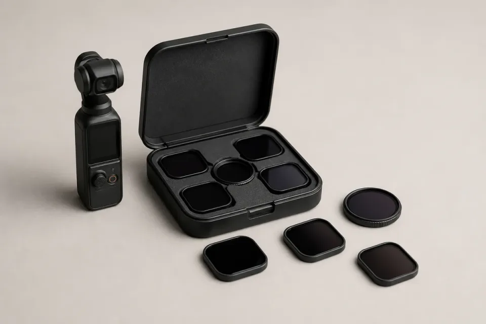 Editorial illustration of a compact neutral-density and polarizing filter set beside a pocket gimbal camera