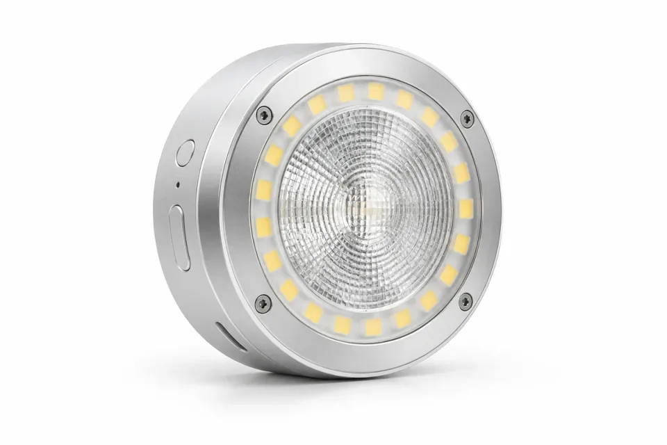 AI-generated hyperrealistic illustration of a silver Godox A2 round smartphone flash; approximate appearance