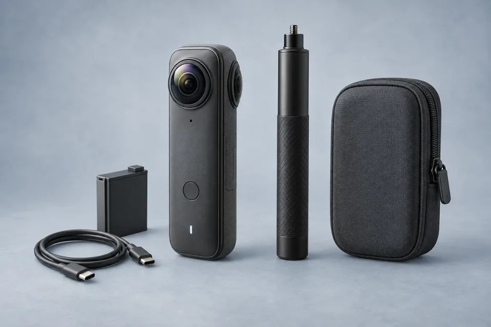 AI-generated conceptual illustration for Insta360 X6 Essentials Bundle; appearance may differ from the actual product
