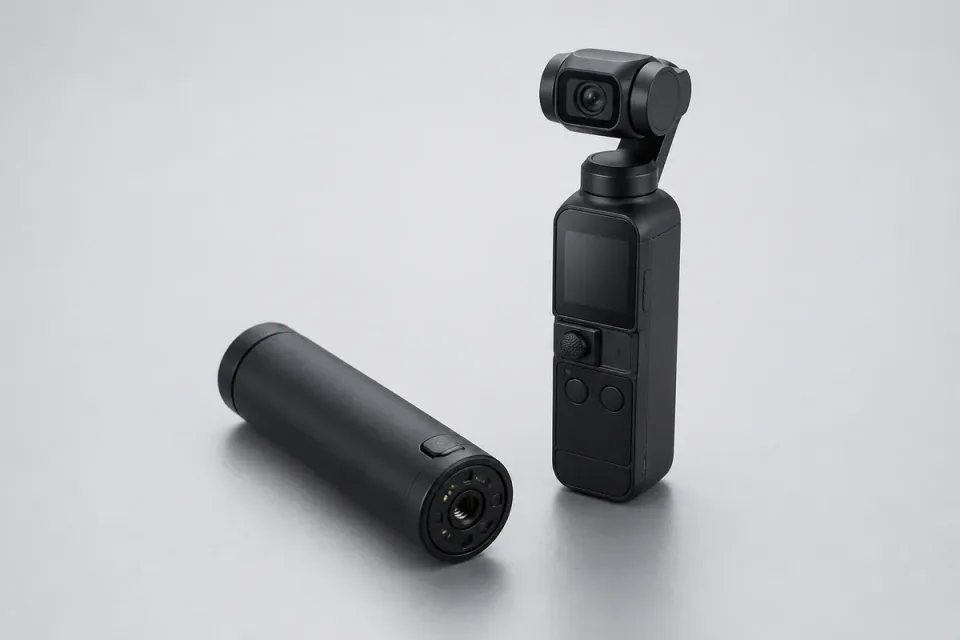 Editorial illustration of a compact battery handle beside a pocket gimbal camera