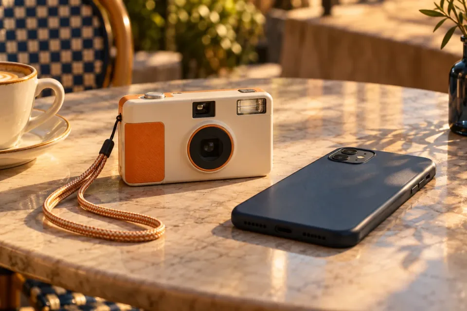 AI-generated editorial illustration of a generic pocket camera and an unbranded smartphone on a sunlit café table; not exact products or sample photographs.