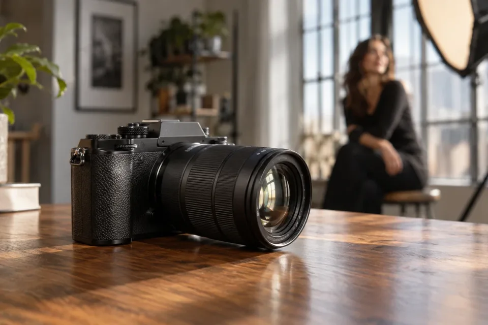 AI-generated hyperrealistic illustration of a compact camera and telephoto zoom at a portrait session; conceptual equipment, not a product or test photograph