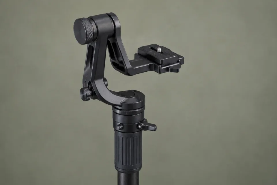Editorial illustration of a compact side-mounted monopod gimbal head