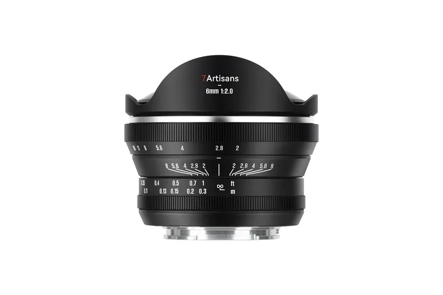 Official 7Artisans family product photograph of the 6mm f/2 fisheye; select the M43 mount when ordering