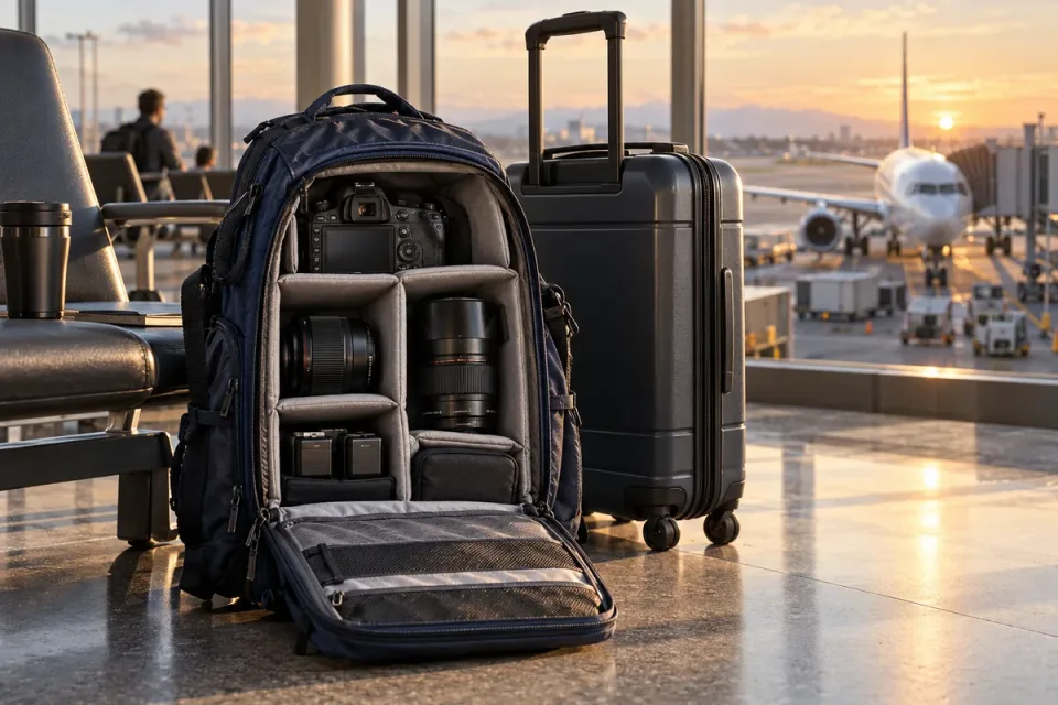 AI-generated scene of an open padded camera backpack and carry-on suitcase in an airport boarding lounge