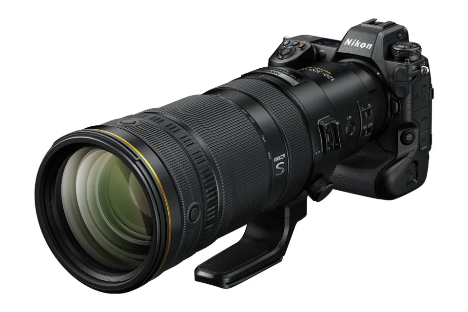 Official Nikon press photograph of the NIKKOR Z 120-300mm f/2.8 TC VR S mounted on a Z9; camera sold separately