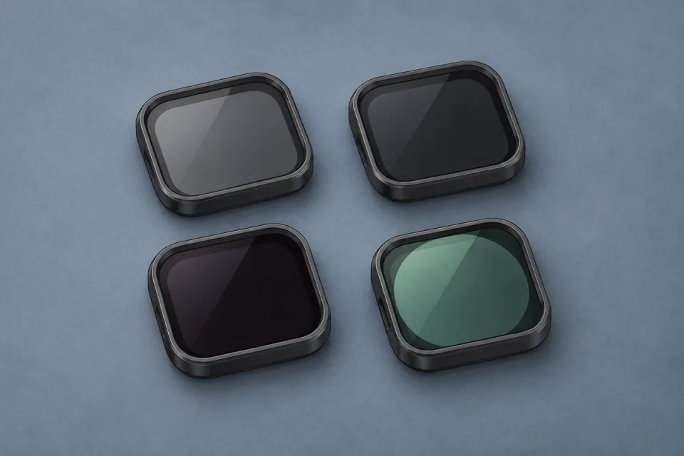 AI-generated conceptual illustration for SmallRig ND16 / ND64 / ND256 / CPL Filter Set for DJI Osmo Pocket 4P; appearance may differ from the actual product