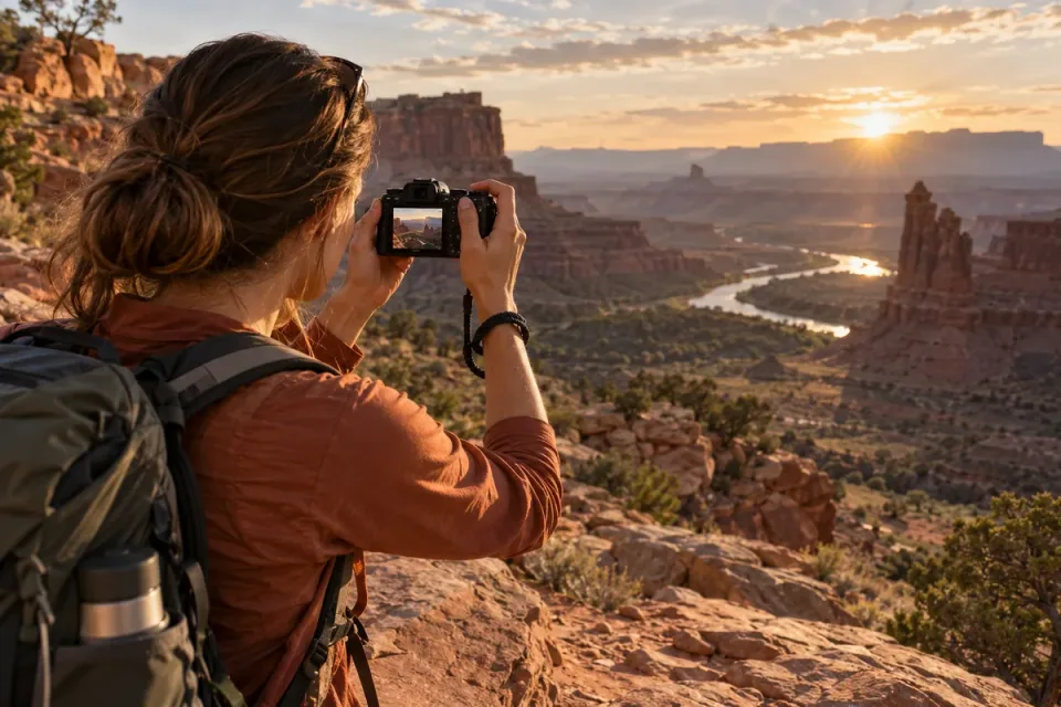 AI-generated scene of a hiker using a compact camera and wrist strap at a sandstone overlook