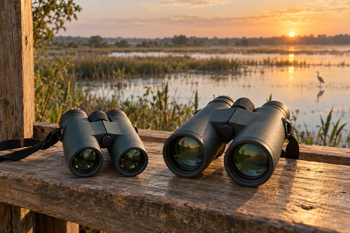 AI-generated comparison scene of compact 8x30 and larger 8x42 binoculars on a wetland observation platform