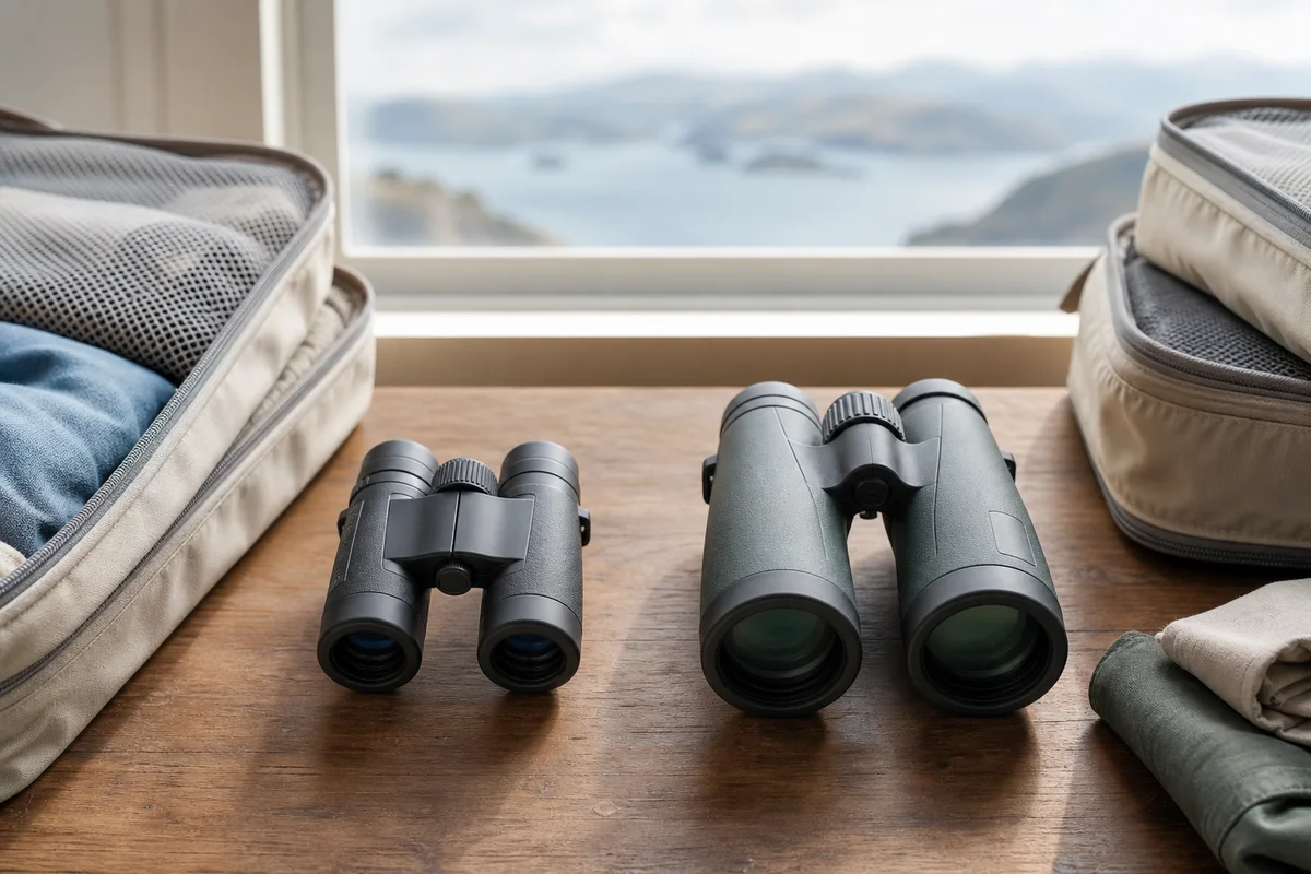 Editorial illustration for 8x30 vs 8x42 Binoculars for Travel and Birding