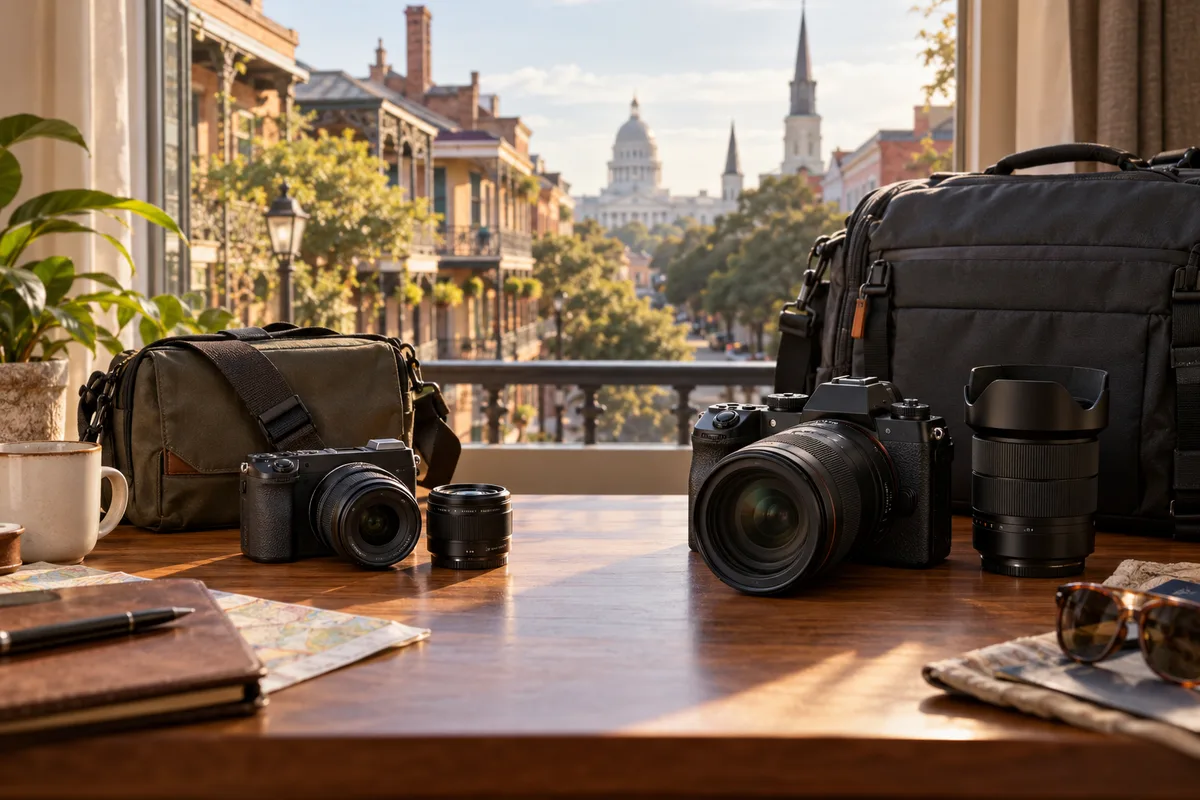 AI-generated comparison of compact and larger complete travel camera kits on a hotel desk overlooking a city