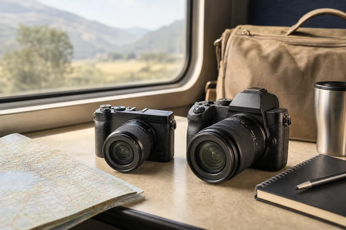 Two generic camera systems of different sizes arranged for a train journey