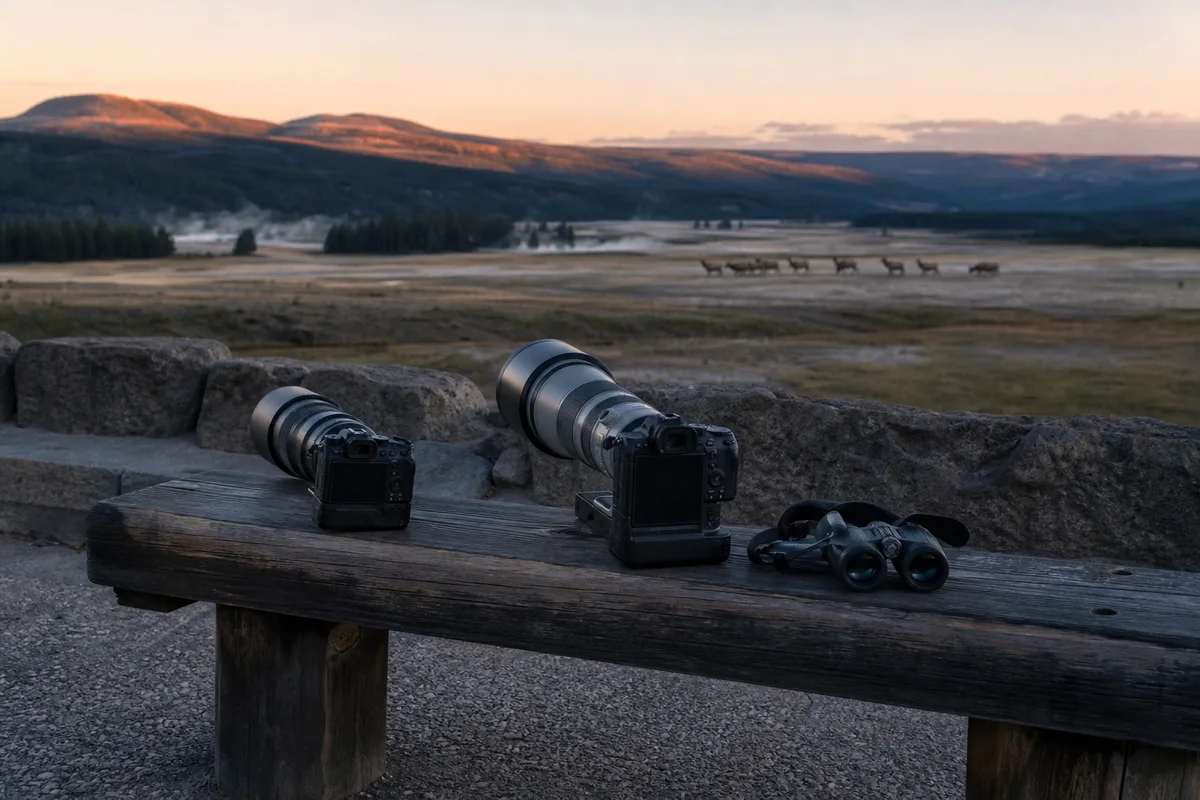 Two generic wildlife camera systems overlooking distant elk at dawn