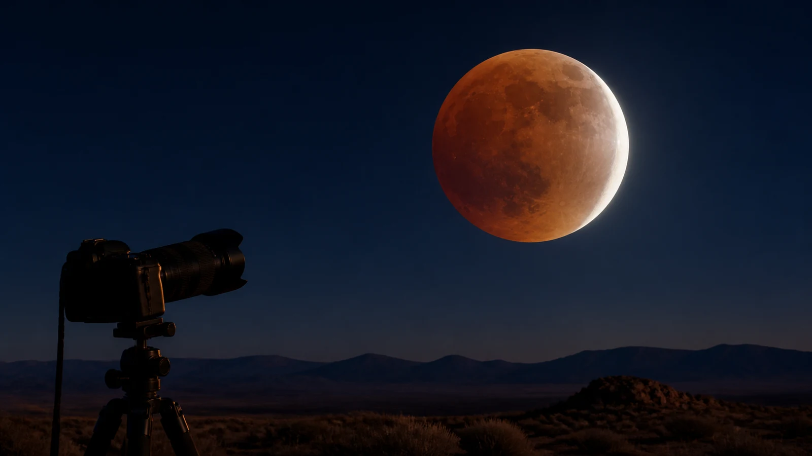 A deep partial lunar eclipse above a camera with a telephoto lens on a tripod in the American desert