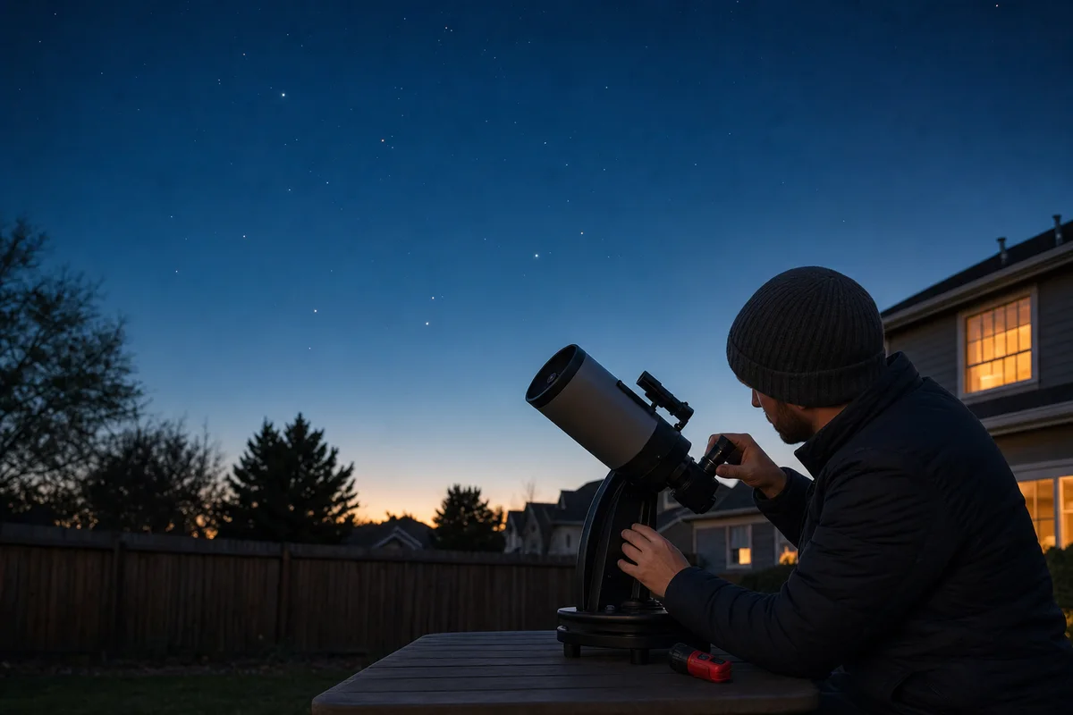 Beginner adjusting a tabletop telescope in a backyard at blue hour