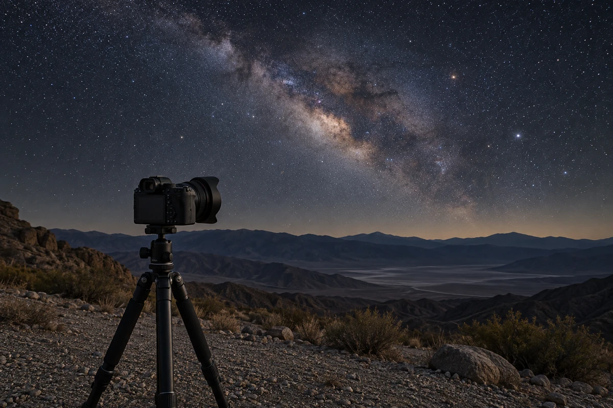 AI-generated editorial scene of a generic camera and tripod beneath the Milky Way, not a documented location or field test
