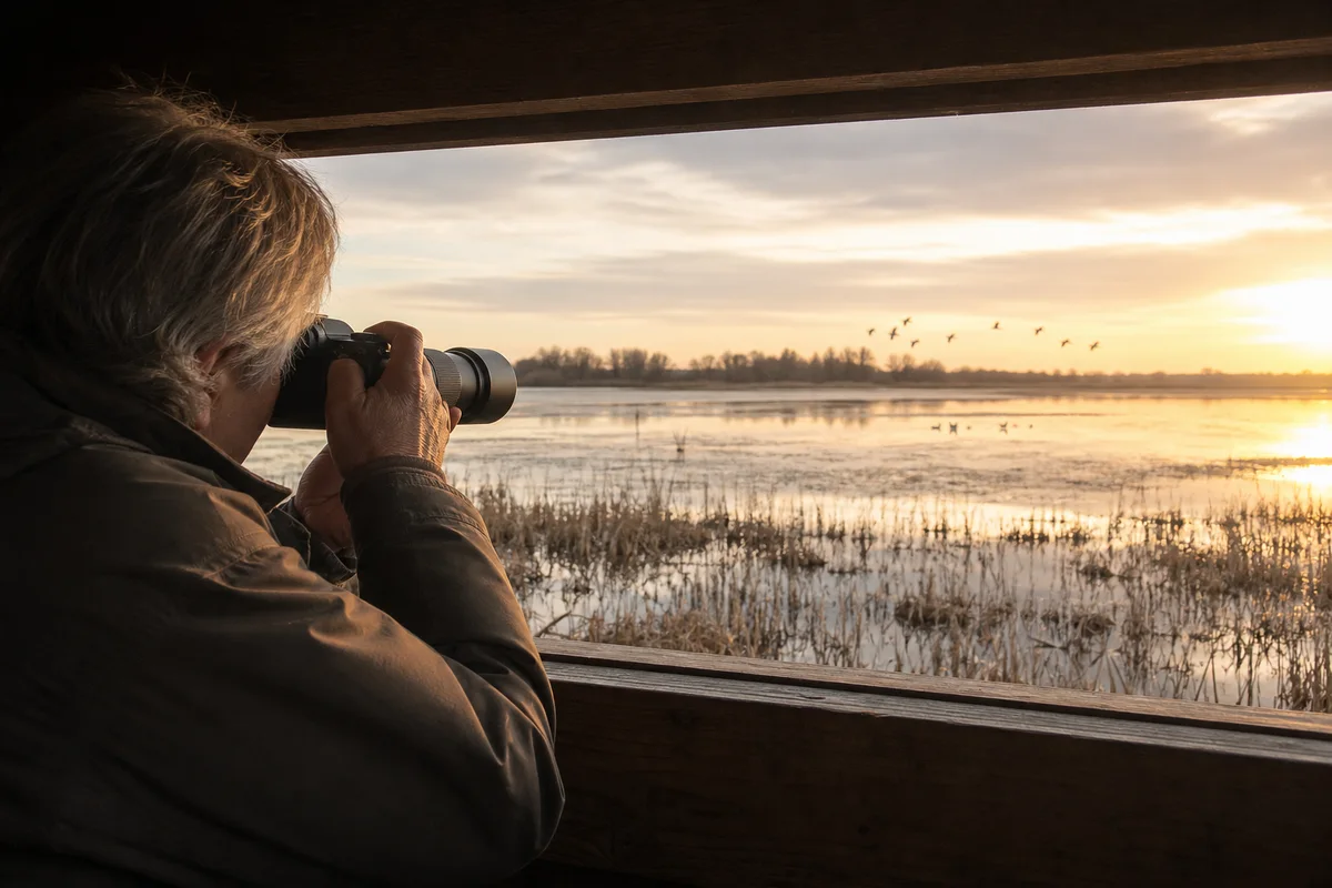 Wildlife photographer observing distant animals with a compact camera and telephoto lens