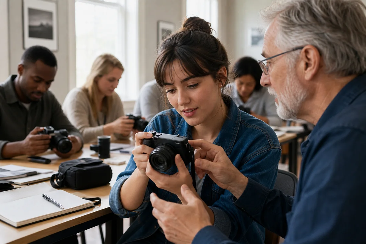 Beginner photographer choosing a compact mirrorless camera in natural window light