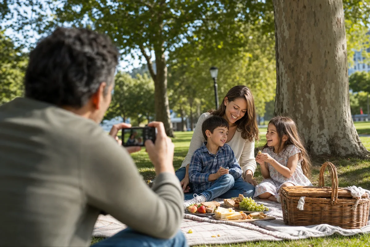 Parent recording a family picnic in a public park