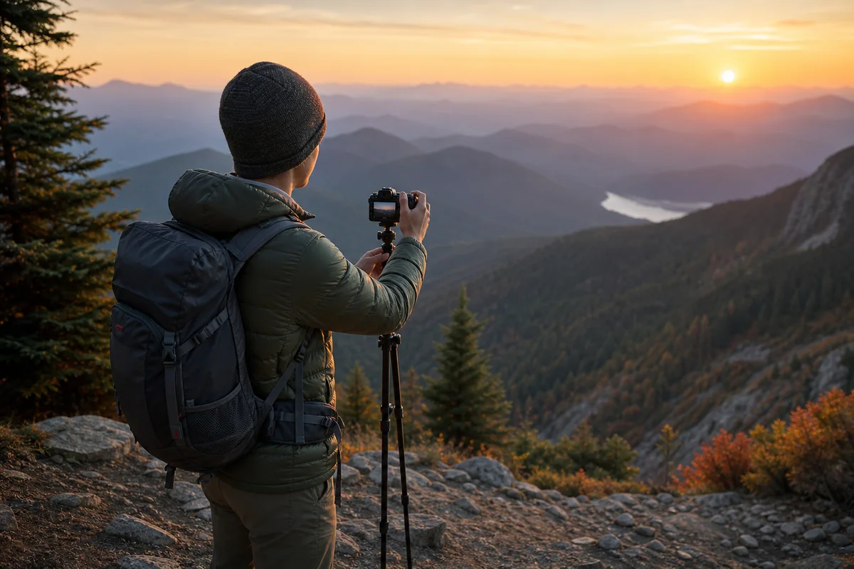 Hiker filming a landscape from a marked mountain overlook
